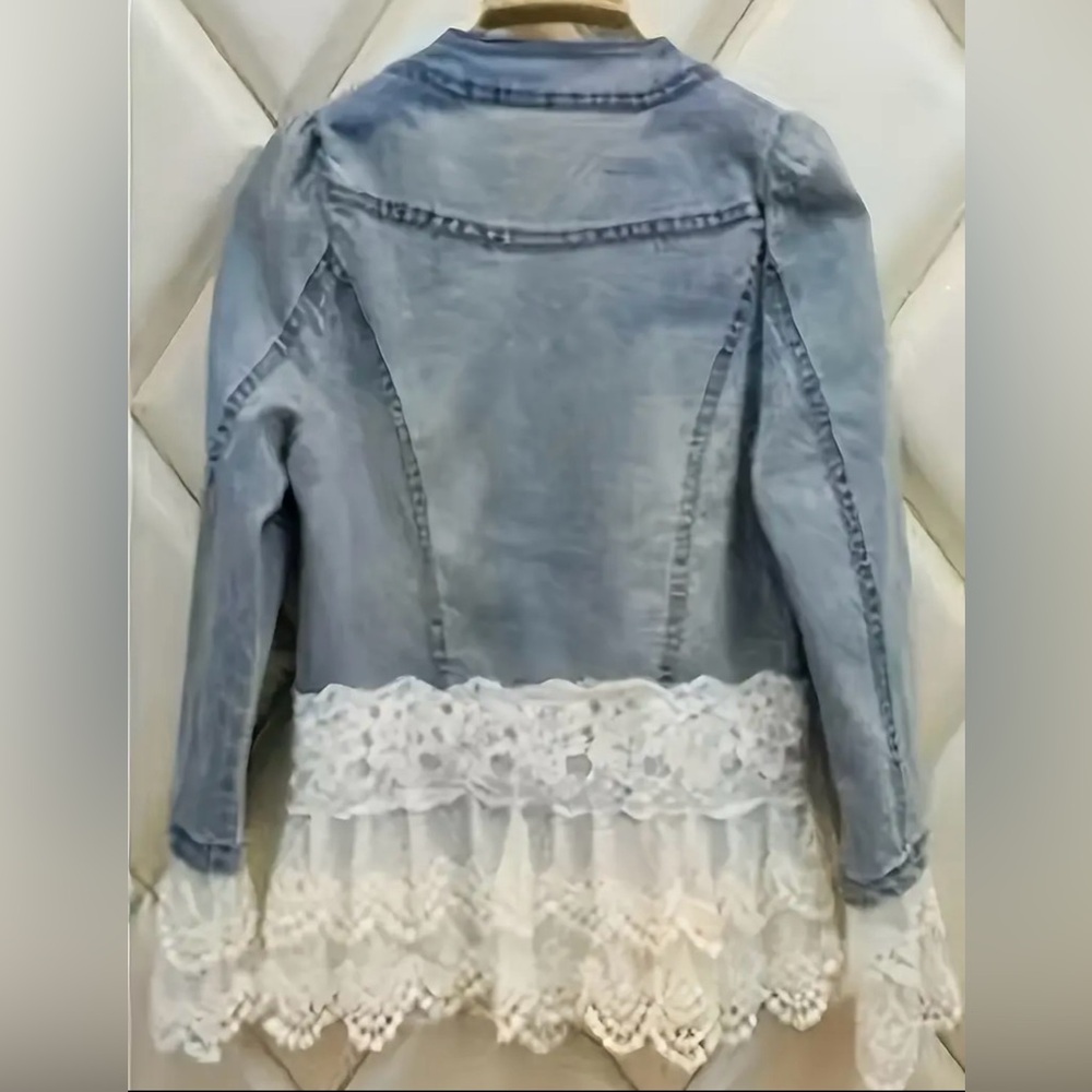 Pearl Embellished Denim Jacket with Lace Trim - Picture 3 of 4